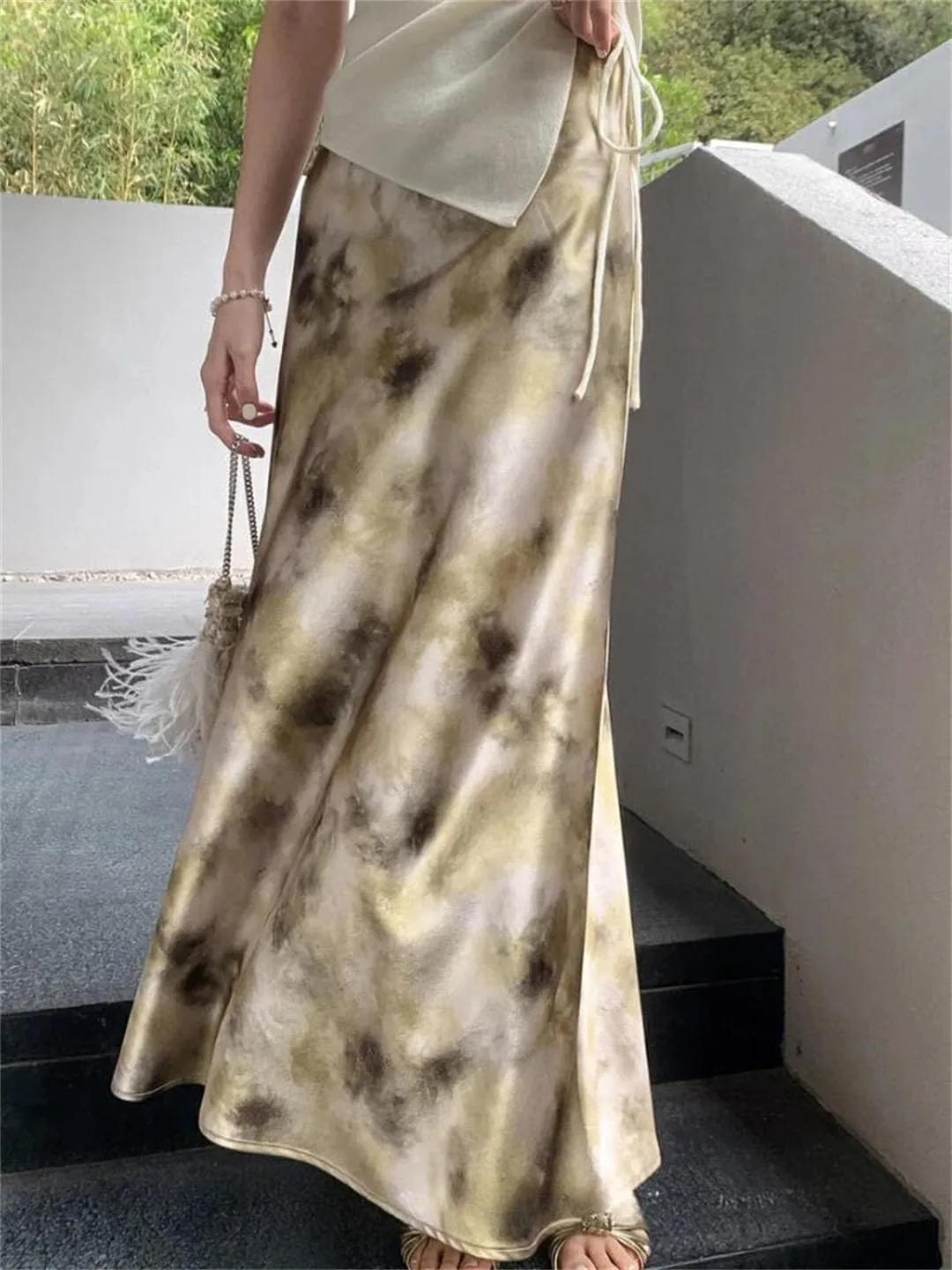 WomanS Long Skirt Silk Smooth Ink Printing High Waist Fishtail Elegant Flower Satin A-Line Skirts