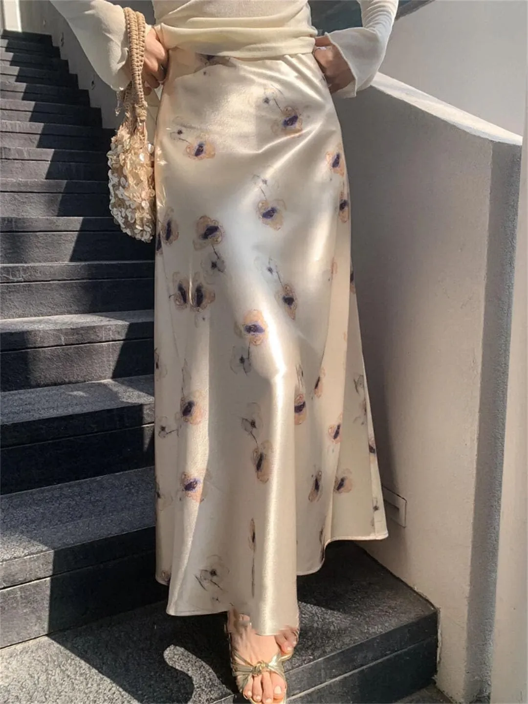 WomanS Long Skirt Silk Smooth Ink Printing High Waist Fishtail Elegant Flower Satin A-Line Skirts