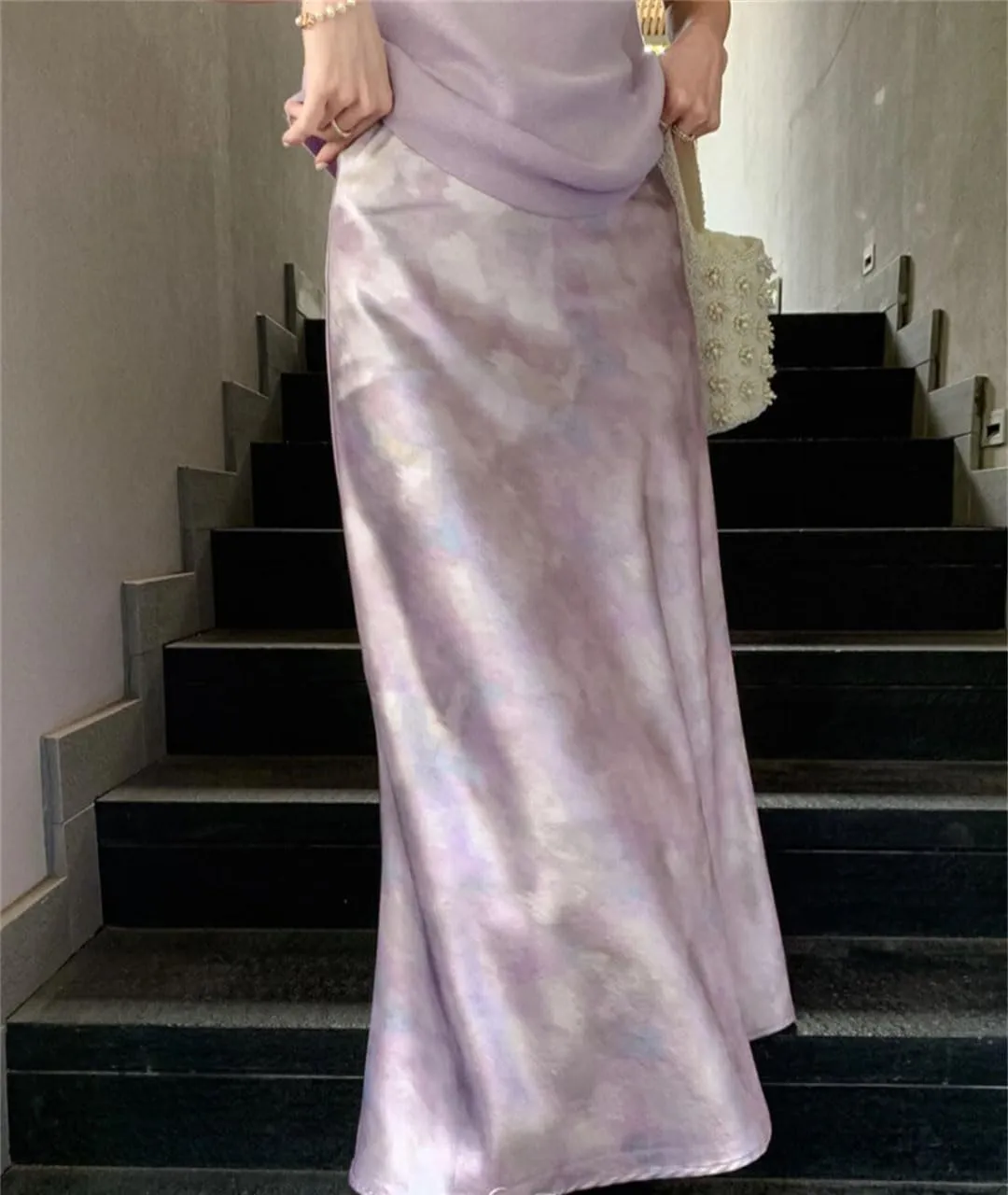 WomanS Long Skirt Silk Smooth Ink Printing High Waist Fishtail Elegant Flower Satin A-Line Skirts