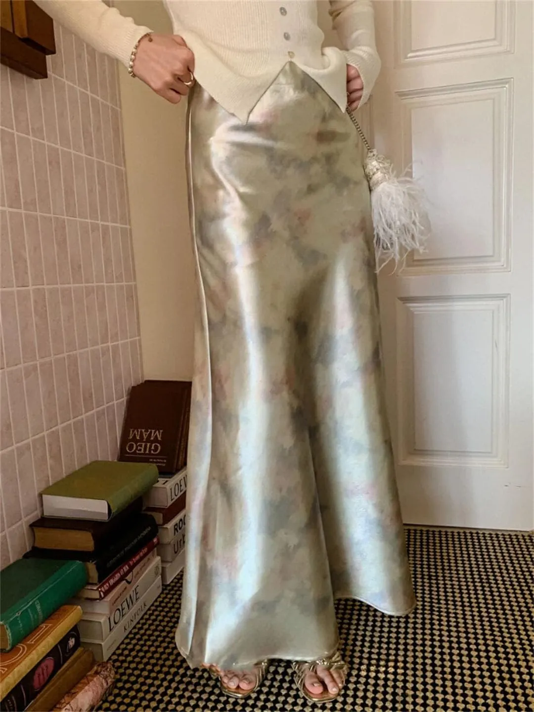 WomanS Long Skirt Silk Smooth Ink Printing High Waist Fishtail Elegant Flower Satin A-Line Skirts