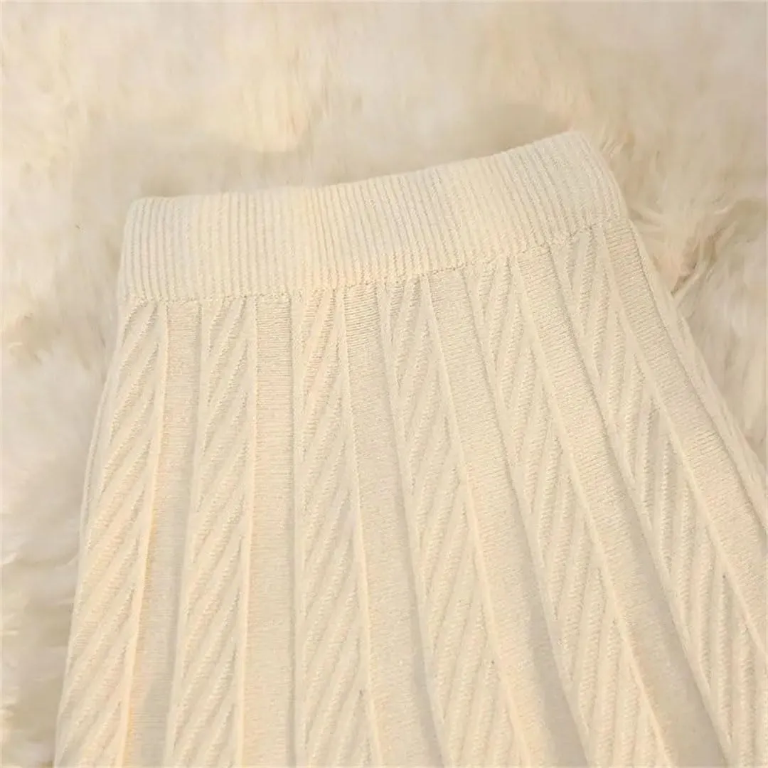 Women Autumn Winter Elegant Solid Color Knit Long Skirt Thick High Waist Skirts A Line Pleated Midi Skirt Ladies