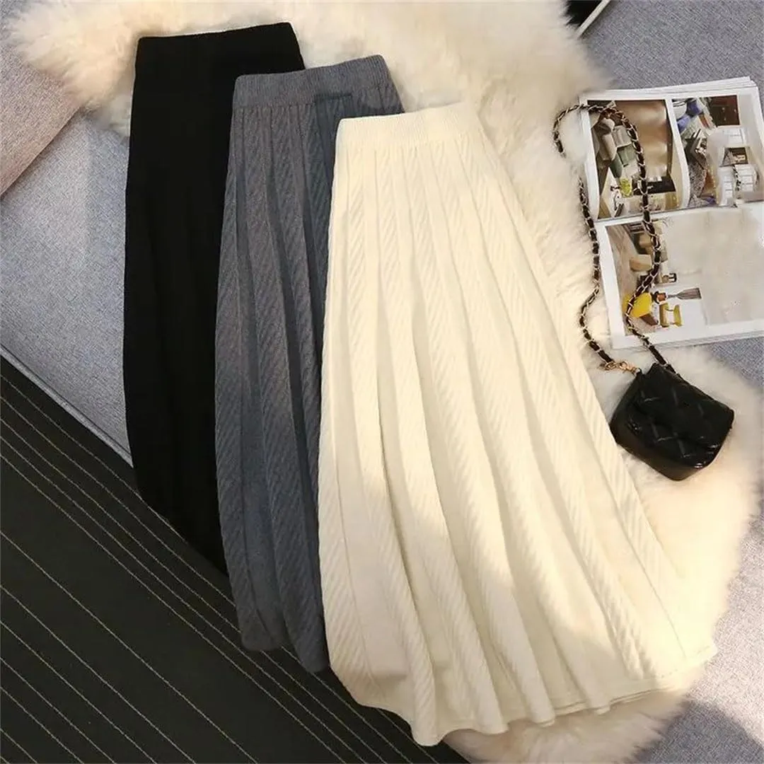 Women Autumn Winter Elegant Solid Color Knit Long Skirt Thick High Waist Skirts A Line Pleated Midi Skirt Ladies