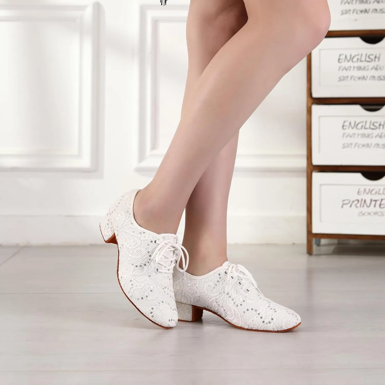 Women Ballroom Dance Shoes Lace up Latin Salsa Practice Dance Teaching Shoes,Model LPWMMD
