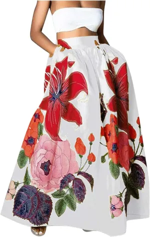 Women Bohemian Floral Print Maxi Skirt High Waist Pocket Party Beach Long Skirt Dresses for Women Midi Length