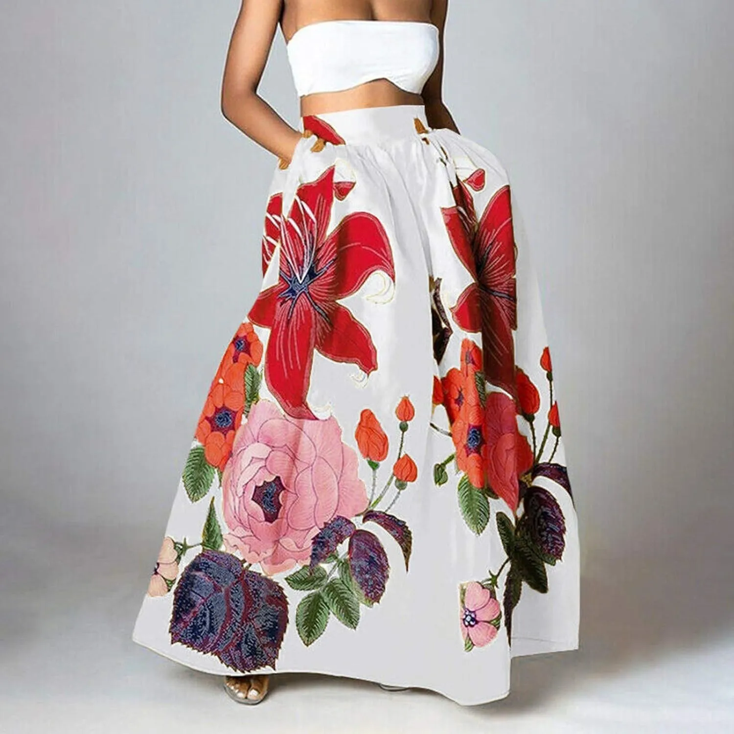 Women Bohemian Floral Print Maxi Skirt High Waist Pocket Party Beach Long Skirt Dresses for Women Midi Length