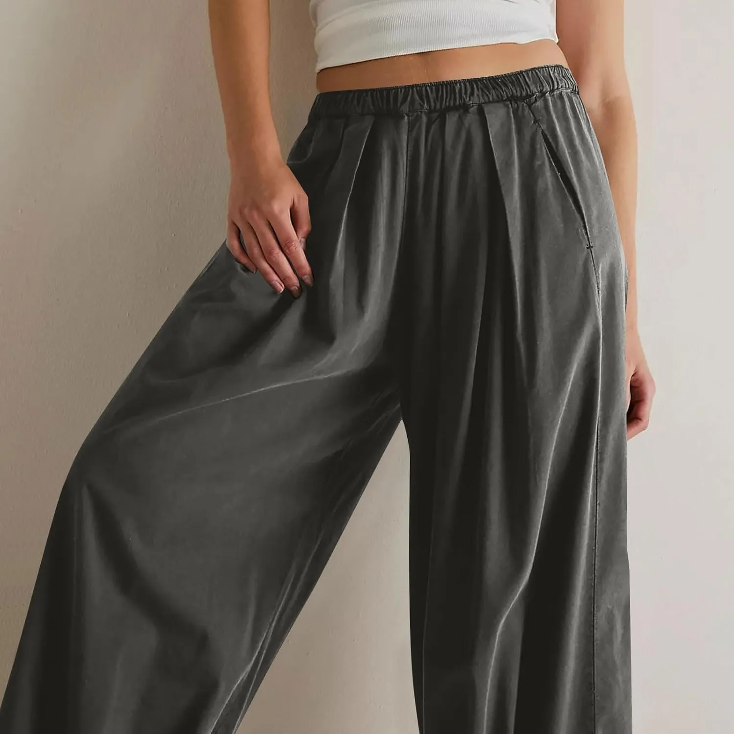 Women Cotton Linen Pants Summer Elastic High Waist Wide Leg Casual Pants 2024 Beach Travel Trousers Vacation Outfits