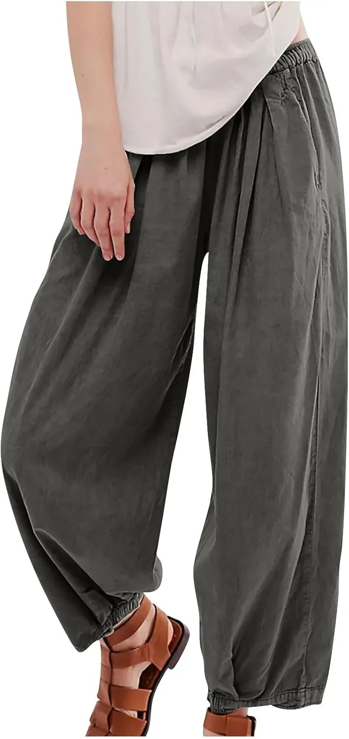Women Cotton Linen Pants Summer Elastic High Waist Wide Leg Casual Pants 2024 Beach Travel Trousers Vacation Outfits