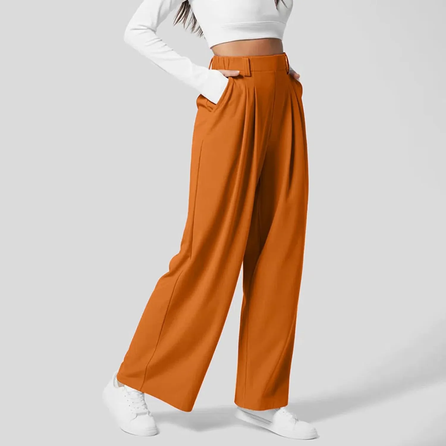 Women Fashion Casual Solid Color Wide Leg Elastic Pants Work Business High Waisted Dress Pants Flowy Trousers