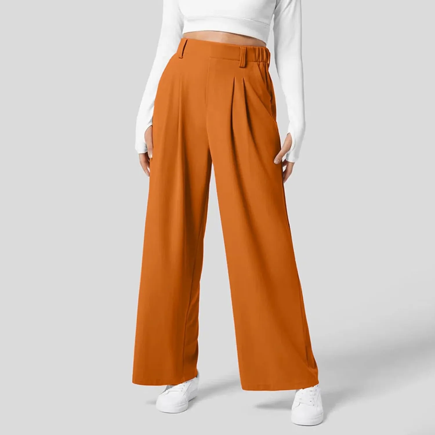 Women Fashion Casual Solid Color Wide Leg Elastic Pants Work Business High Waisted Dress Pants Flowy Trousers