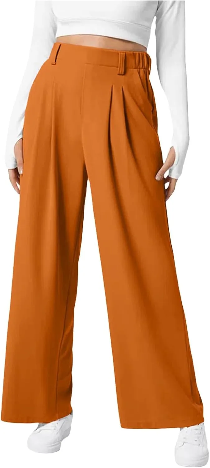 Women Fashion Casual Solid Color Wide Leg Elastic Pants Work Business High Waisted Dress Pants Flowy Trousers