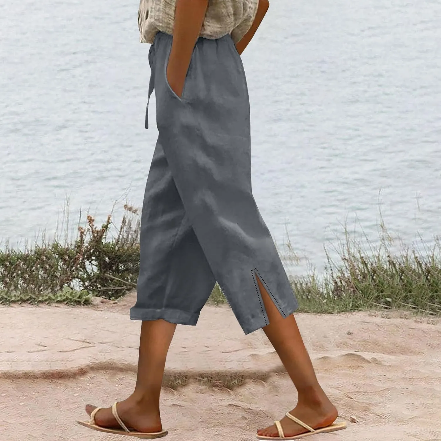 Women Linen Pants 2025 Summer High Waist Elastic Drawstring Straight Leg Lounge Pant Casual Loose Beach Trousers