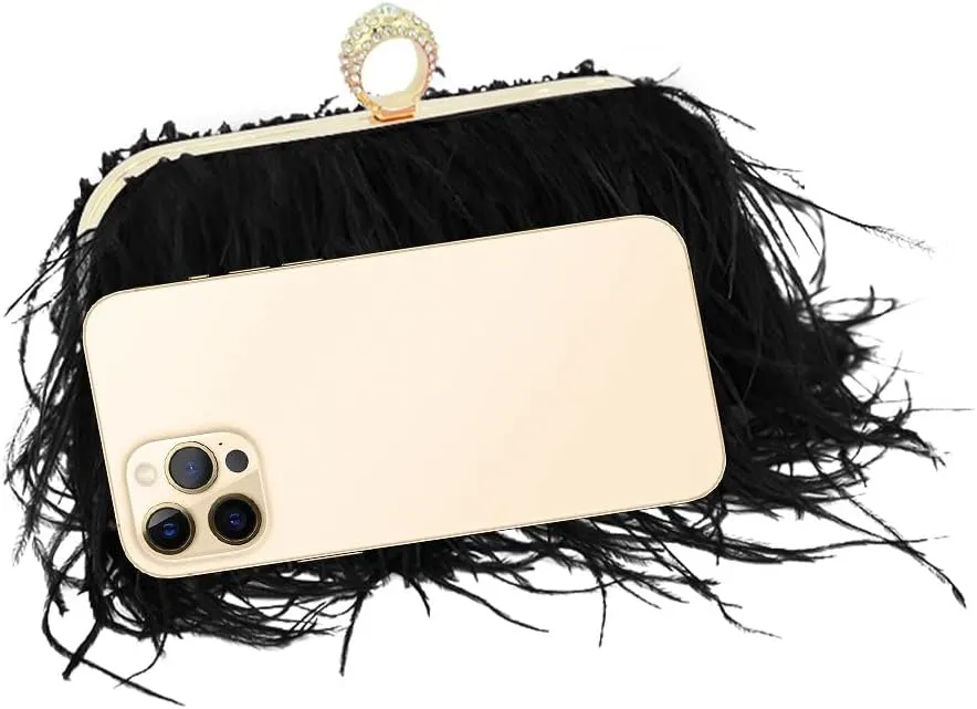 Women Ostrich Feather Purse Ostrich Tote Bag Fluffy Feather Purse Fringe Clutch Evening Handbag for Party Prom Black
