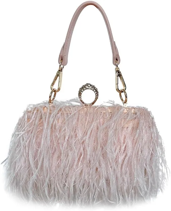 Women Ostrich Feather Purse Ostrich Tote Bag Fluffy Feather Purse Fringe Clutch Evening Handbag for Party Prom Champagne
