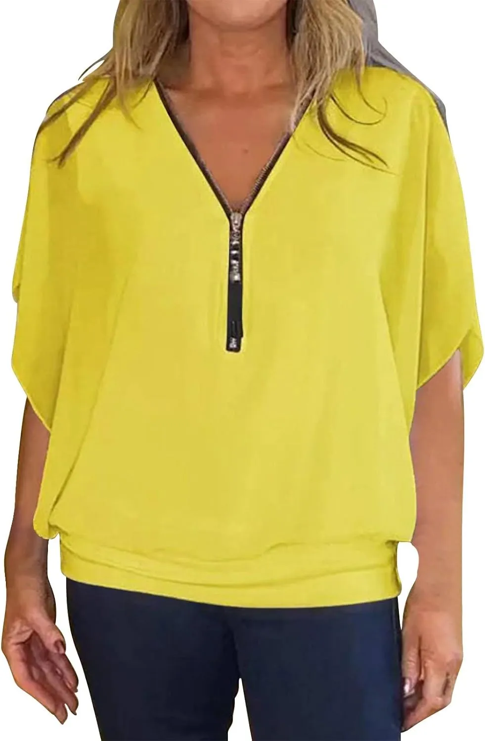 Women Plus Sized Chiffon Blouses Summer Flowy Half Batwing Sleeve V Neck Zipper Tops Casual Loose Banded Hem Shirts