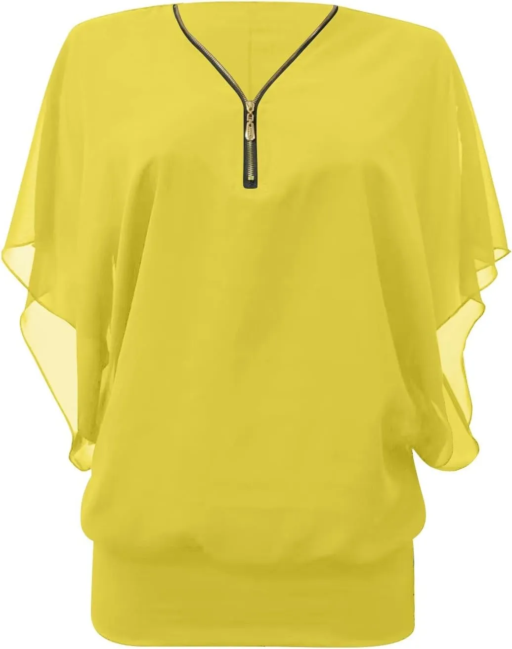 Women Plus Sized Chiffon Blouses Summer Flowy Half Batwing Sleeve V Neck Zipper Tops Casual Loose Banded Hem Shirts
