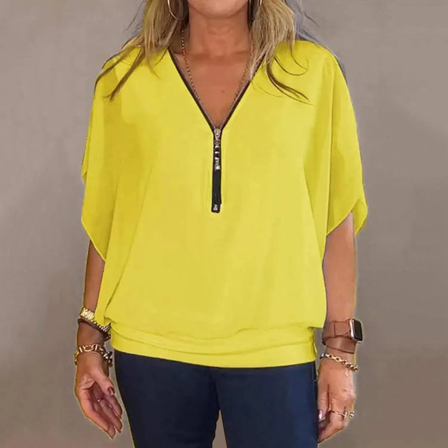 Women Plus Sized Chiffon Blouses Summer Flowy Half Batwing Sleeve V Neck Zipper Tops Casual Loose Banded Hem Shirts