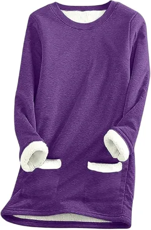 Women Sherpa Lined Fleece Fleece Crewneck Sweatshirt Winter Warm Pullover Loungewear Oversized Soft Tunic Outerwear