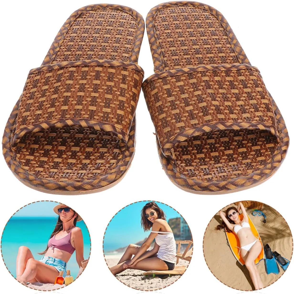 Women Spring Summer Bamboo Rattan Flip- Flops Slipper Bohemia Style Flat Slide Sandals Casual Summer Beach Shoes 1 Pair