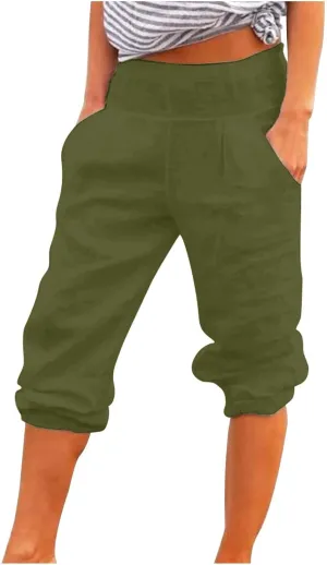 Women Summer Capri Pants Casual Elastic Waist Cropped Linen Trousers High Waisted Beach Vacation Comfortable