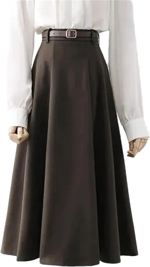 Women Vintage Belt Woolen Midi Skirt Pleated Skirts Fall Winter Ladies Korean High Waist A Line Skirt