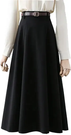 Women Vintage Belt Woolen Midi Skirt Pleated Skirts Fall Winter Ladies Korean High Waist A Line Skirt