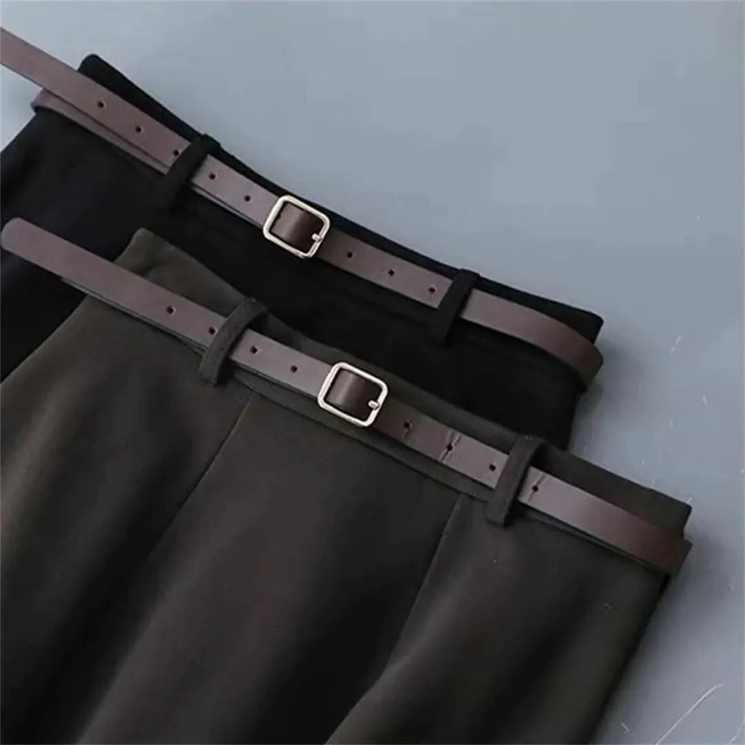 Women Vintage Belt Woolen Midi Skirt Pleated Skirts Fall Winter Ladies Korean High Waist A Line Skirt