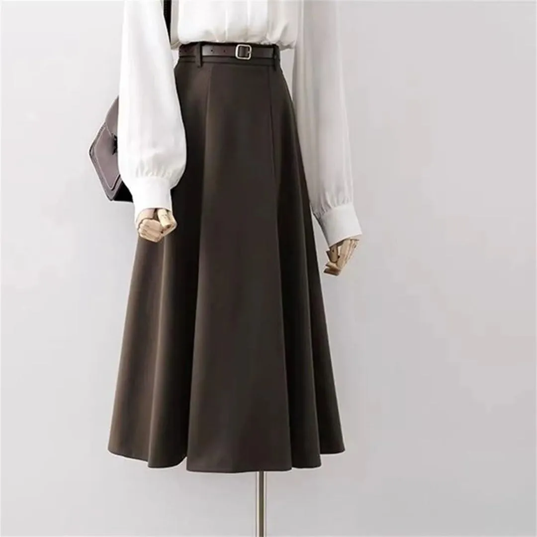 Women Vintage Belt Woolen Midi Skirt Pleated Skirts Fall Winter Ladies Korean High Waist A Line Skirt