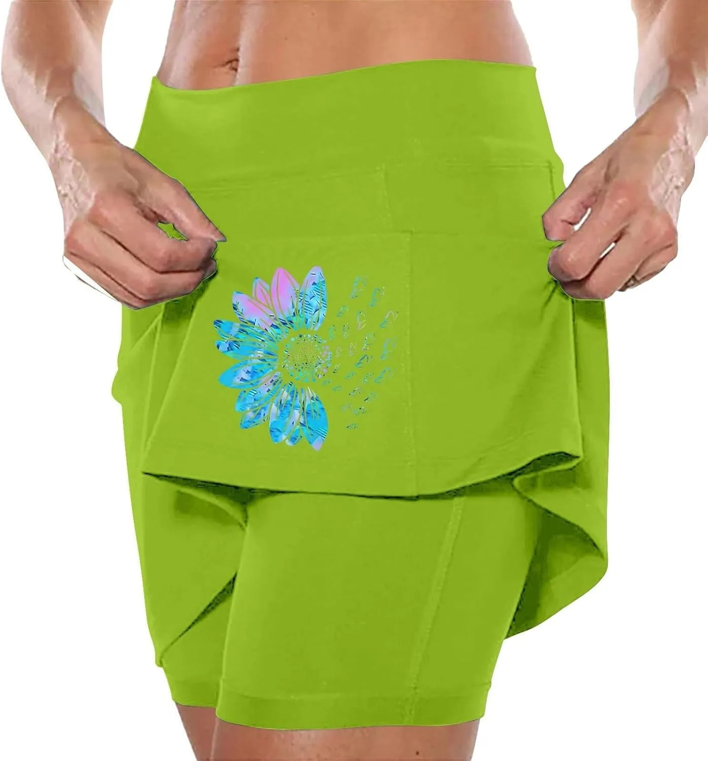Women's 2 in 1 Athletic Skorts Daisy Printing Breathable Tennis Skirt Shorts Stretchy Workout Running Sport Shorts