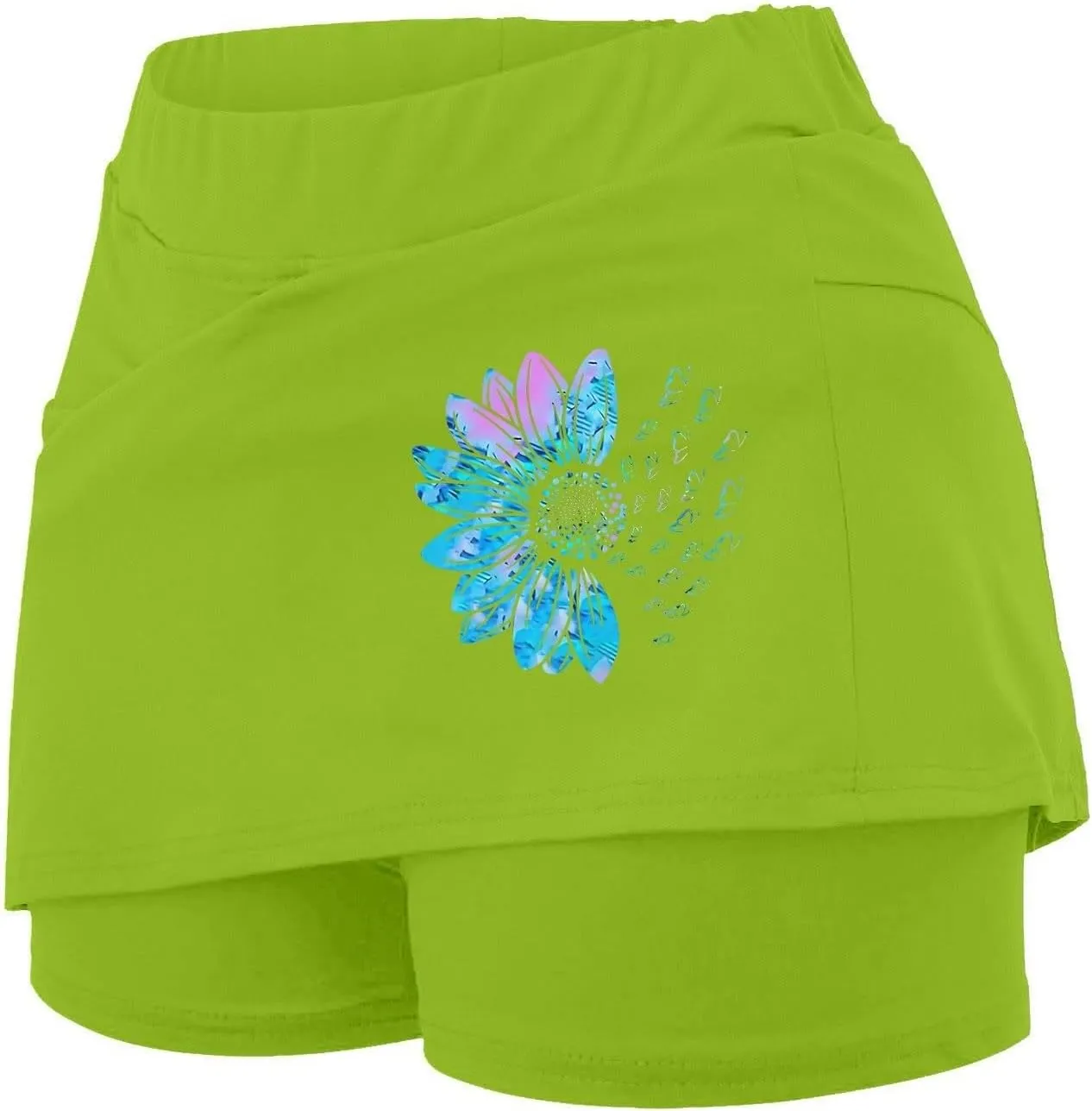 Women's 2 in 1 Athletic Skorts Daisy Printing Breathable Tennis Skirt Shorts Stretchy Workout Running Sport Shorts