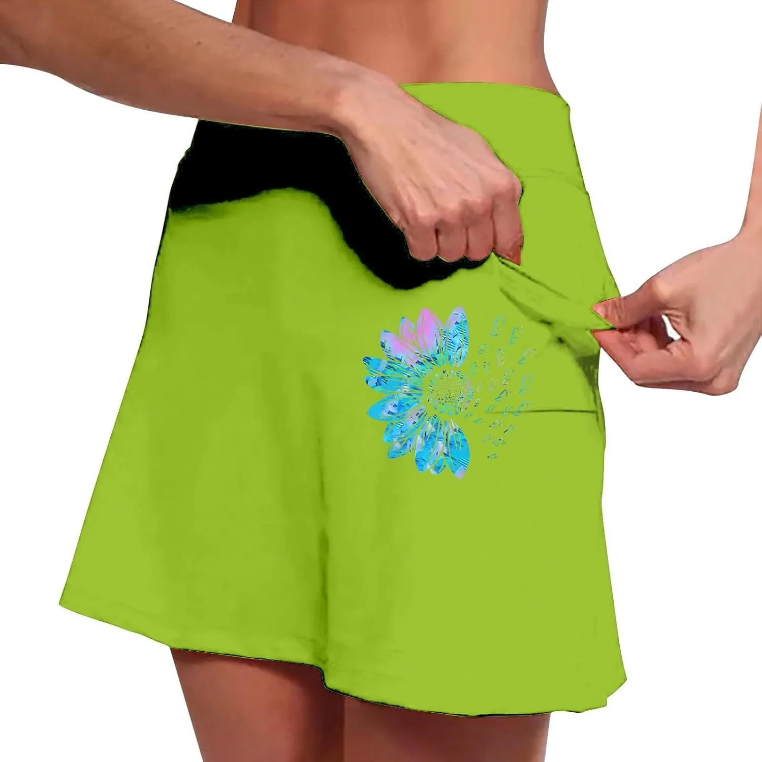 Women's 2 in 1 Athletic Skorts Daisy Printing Breathable Tennis Skirt Shorts Stretchy Workout Running Sport Shorts