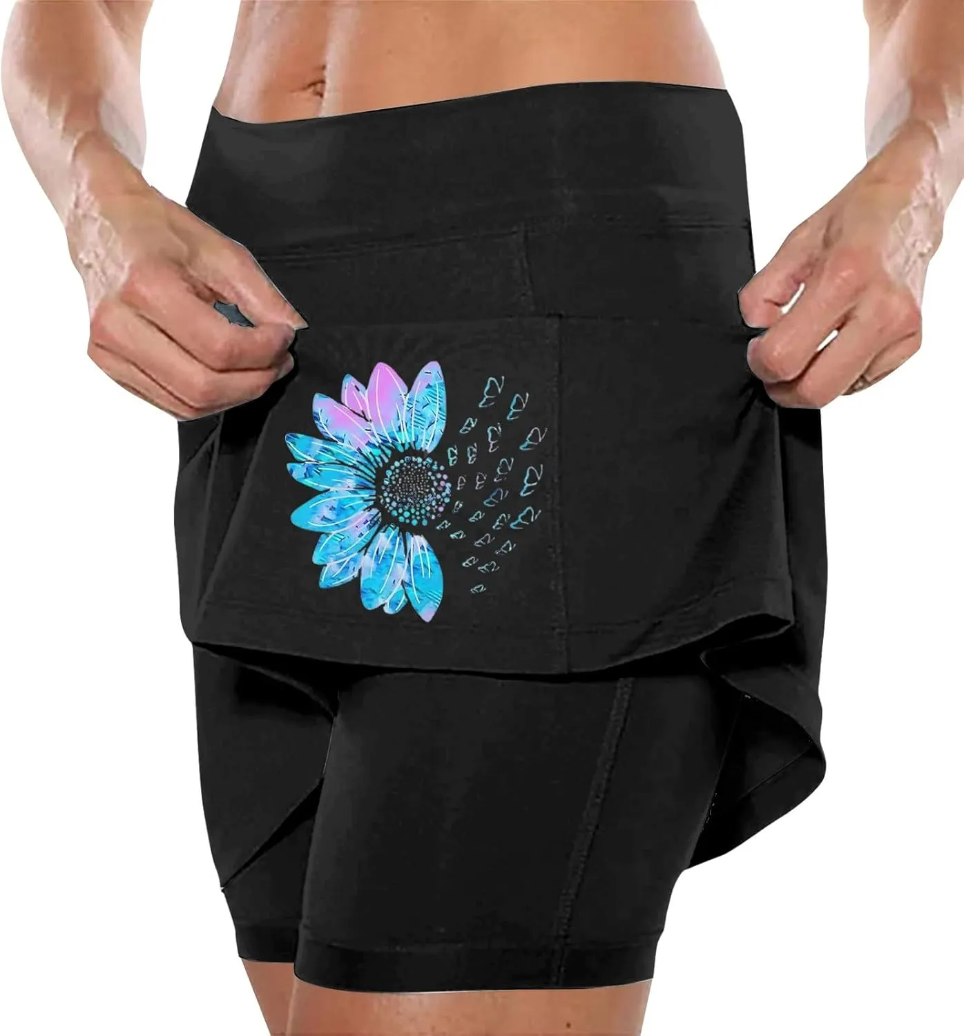 Women's 2 in 1 Athletic Skorts Daisy Printing Breathable Tennis Skirt Shorts Stretchy Workout Running Sport Shorts
