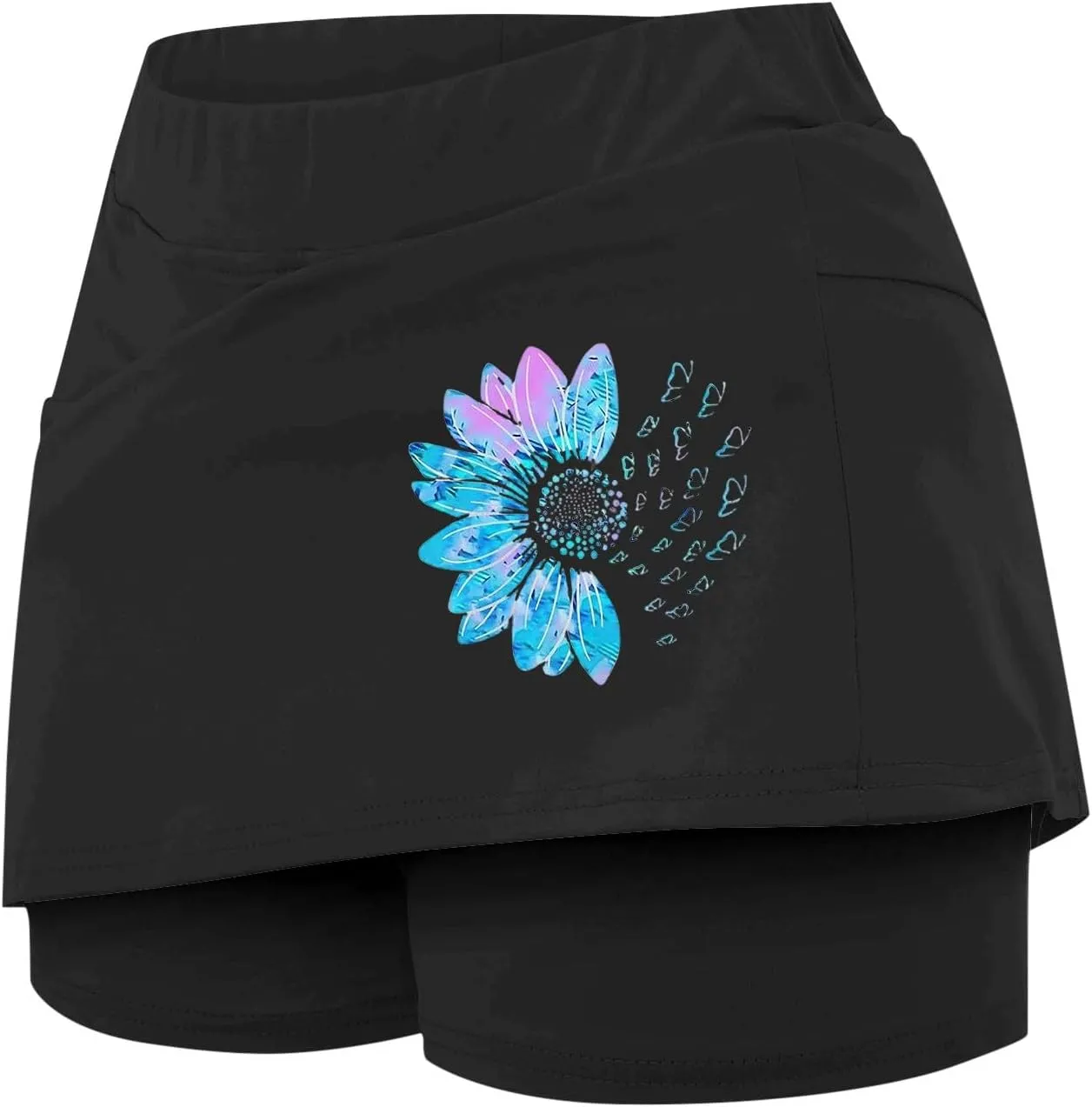 Women's 2 in 1 Athletic Skorts Daisy Printing Breathable Tennis Skirt Shorts Stretchy Workout Running Sport Shorts