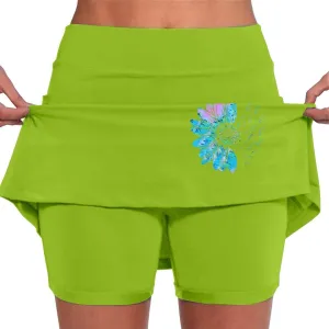 Women's 2 in 1 Athletic Skorts Daisy Printing Breathable Tennis Skirt Shorts Stretchy Workout Running Sport Shorts