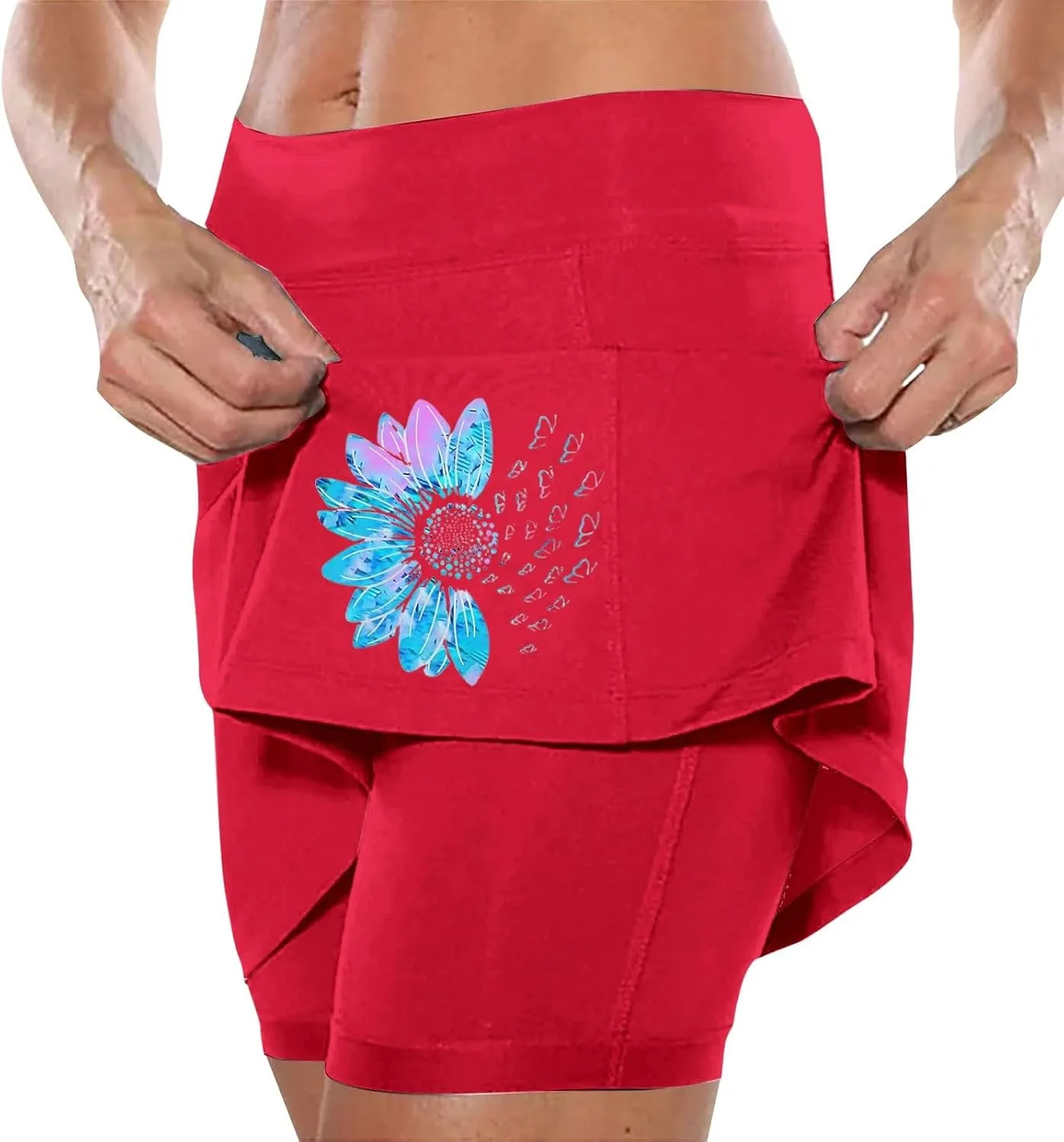 Women's 2 in 1 Athletic Skorts Daisy Printing Breathable Tennis Skirt Shorts Stretchy Workout Running Sport Shorts