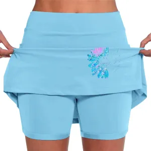 Women's 2 in 1 Athletic Skorts Daisy Printing Breathable Tennis Skirt Shorts Stretchy Workout Running Sport Shorts