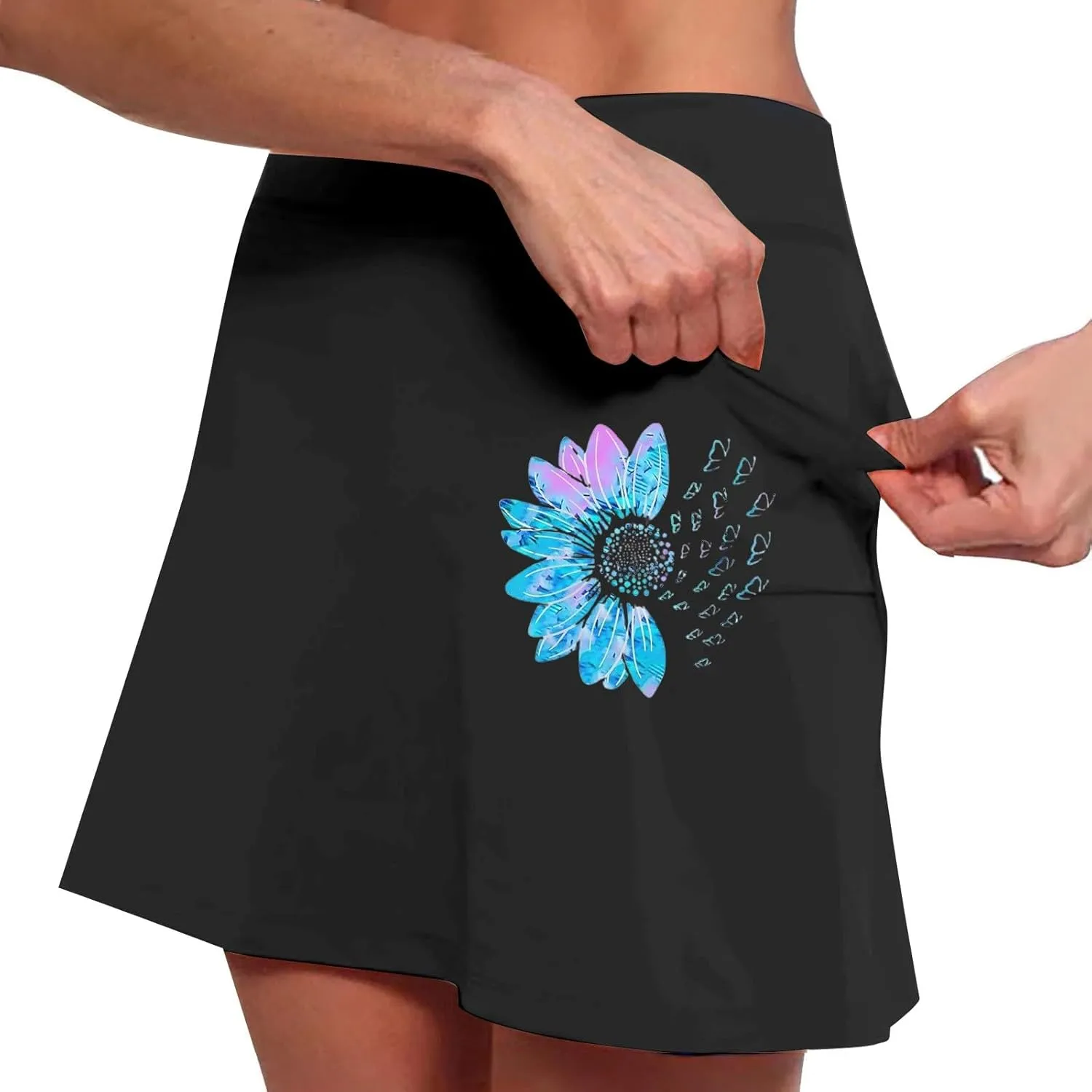 Women's 2 in 1 Athletic Skorts Daisy Printing Breathable Tennis Skirt Shorts Stretchy Workout Running Sport Shorts