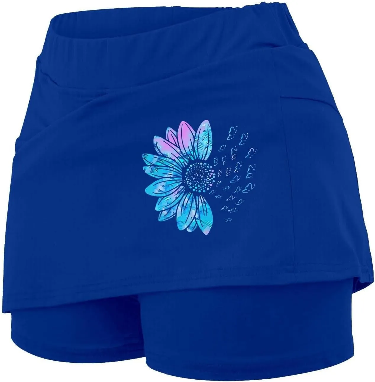 Women's 2 in 1 Athletic Skorts Daisy Printing Breathable Tennis Skirt Shorts Stretchy Workout Running Sport Shorts