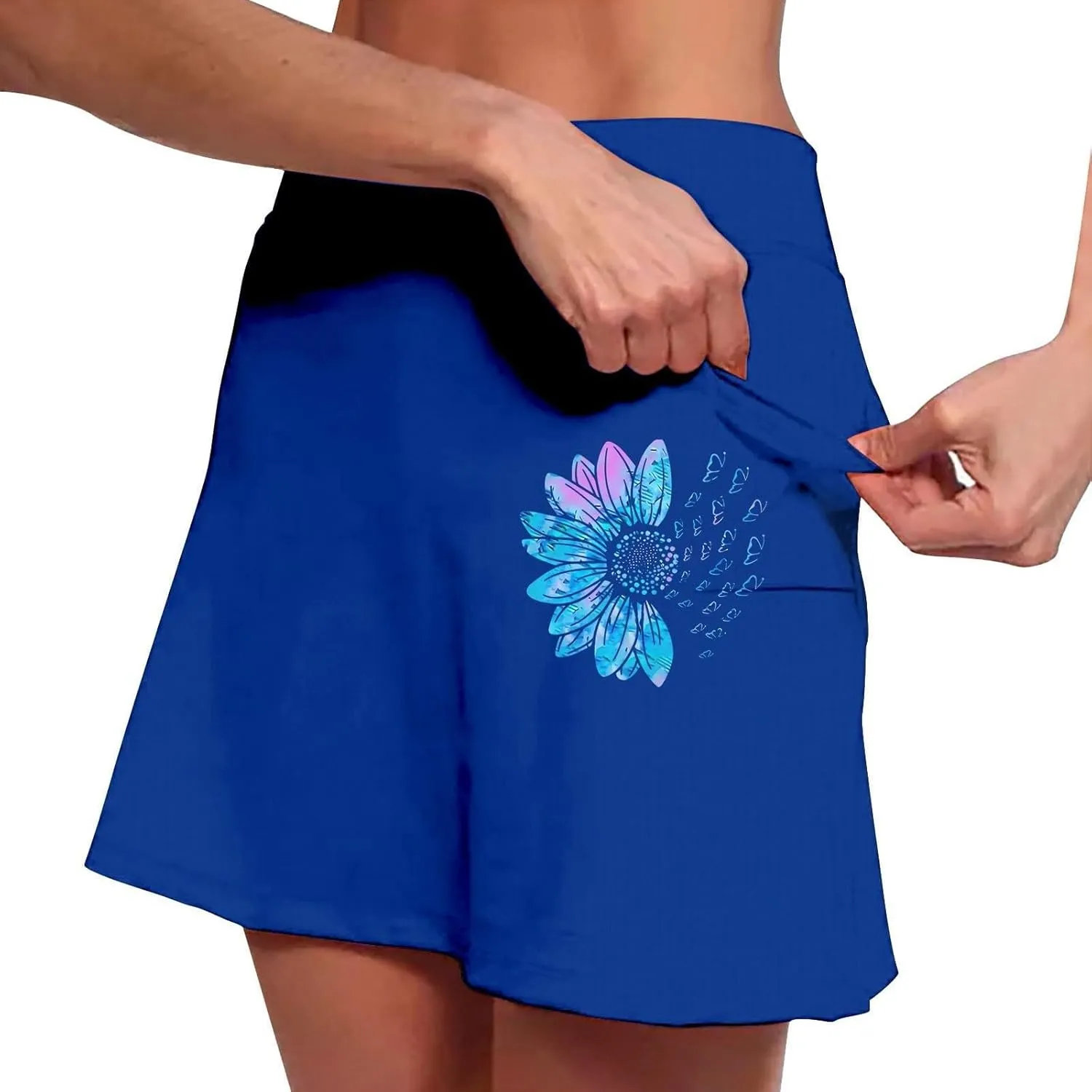 Women's 2 in 1 Athletic Skorts Daisy Printing Breathable Tennis Skirt Shorts Stretchy Workout Running Sport Shorts