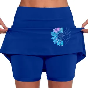 Women's 2 in 1 Athletic Skorts Daisy Printing Breathable Tennis Skirt Shorts Stretchy Workout Running Sport Shorts