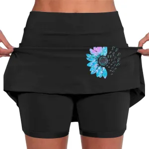 Women's 2 in 1 Athletic Skorts Daisy Printing Breathable Tennis Skirt Shorts Stretchy Workout Running Sport Shorts