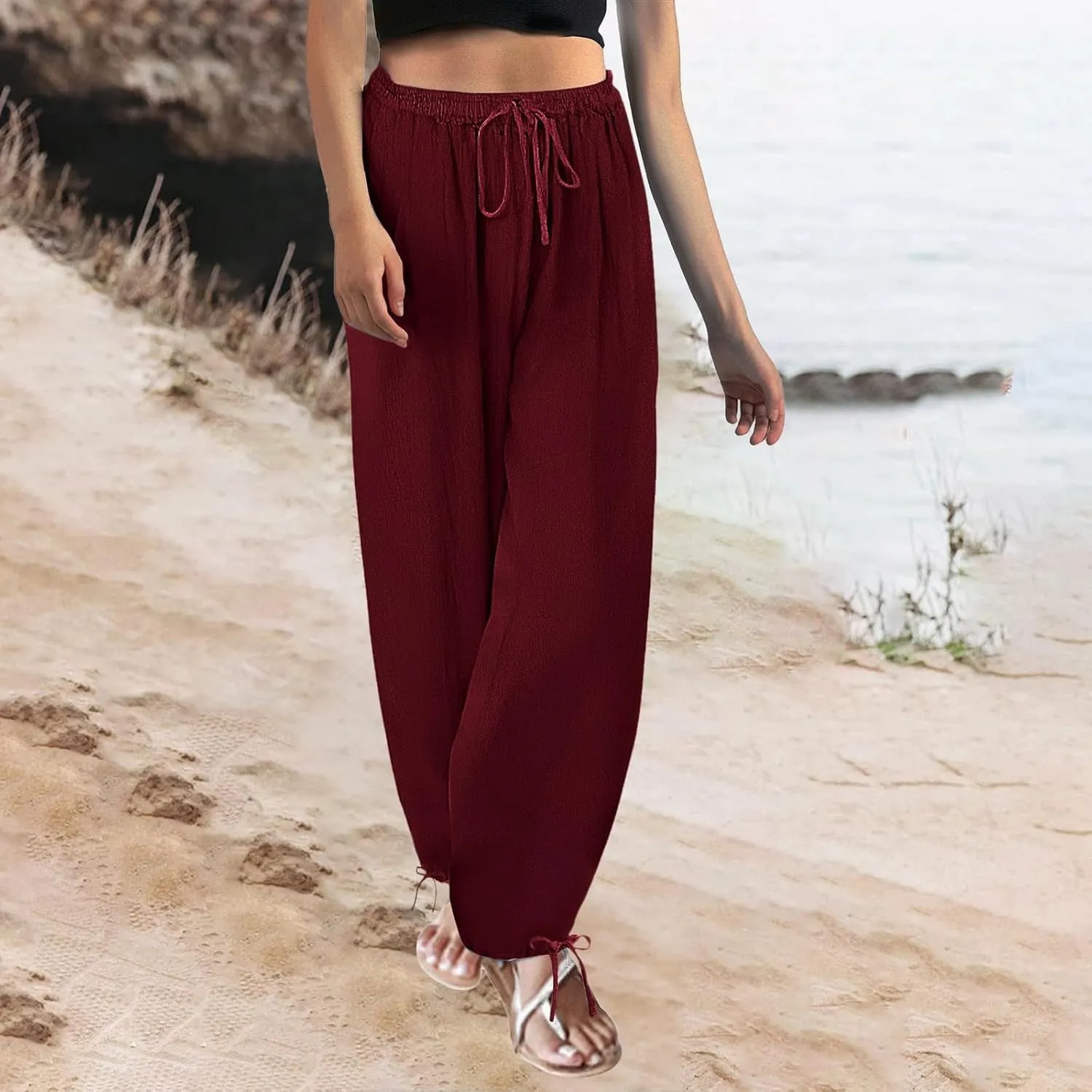 Women's Baggy Linen Pants Drawstring Elasic Waist Casual Joggers Loose Summer Lightweight Beach Pants Lounge Trousers
