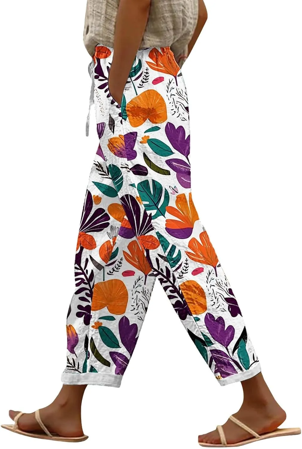 Womens Boho Cotton Linen Trouser Floral Printed Elastic Waist Pull On Summer Beach Pants Plus Size Wide Leg Harem Pants