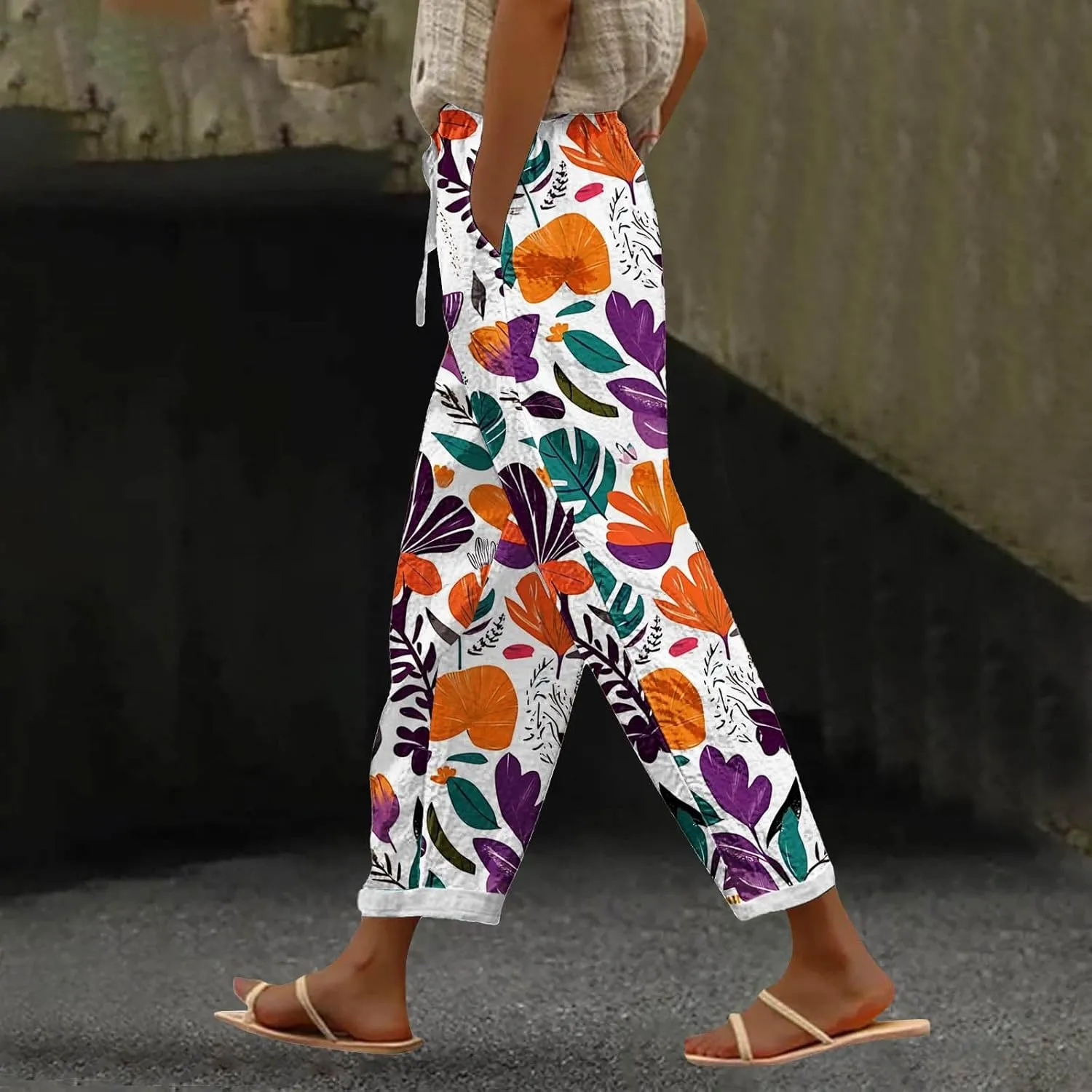 Womens Boho Cotton Linen Trouser Floral Printed Elastic Waist Pull On Summer Beach Pants Plus Size Wide Leg Harem Pants
