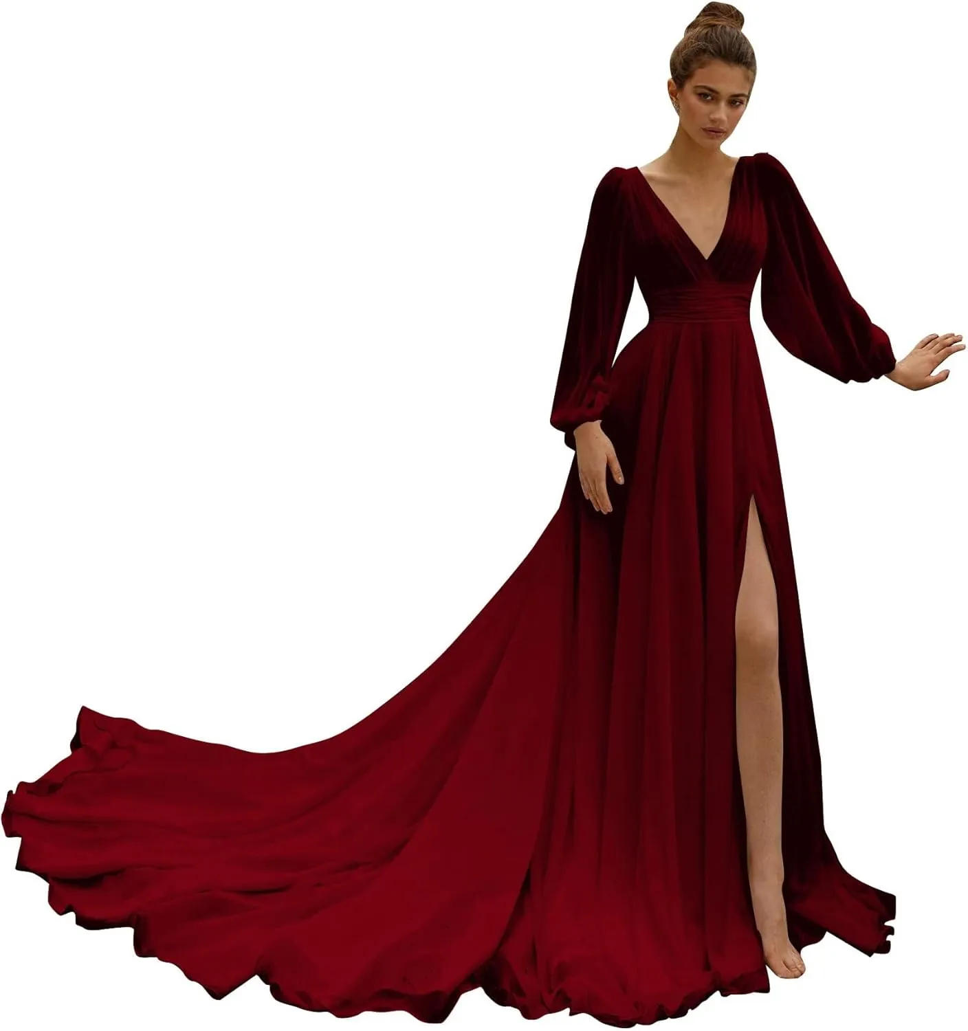 Women's Bridesmaids Gown for Wedding Off Shoulder Split Chiffon Formal Dress with Pockets