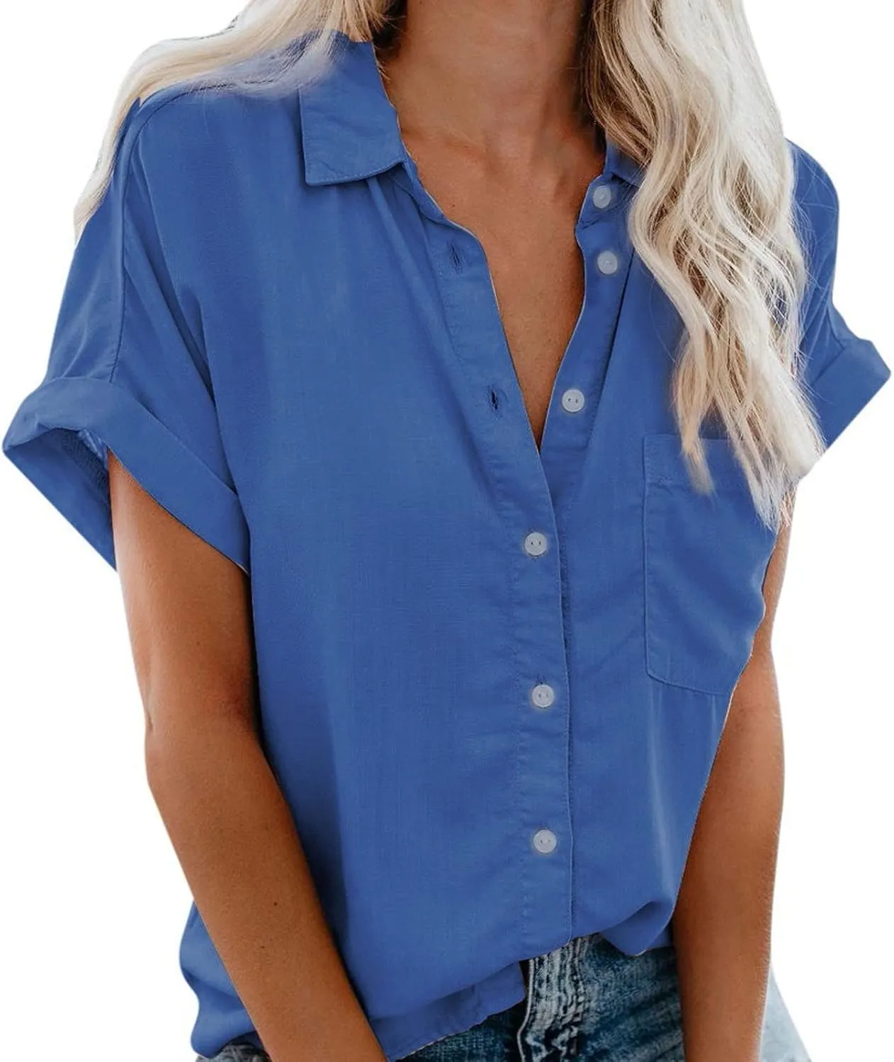 Womens Button Down Shirts Casual Cap Sleeve V Neck Shirt Business Work Blouses Slim Fit Summer Fashion Dressy Tops