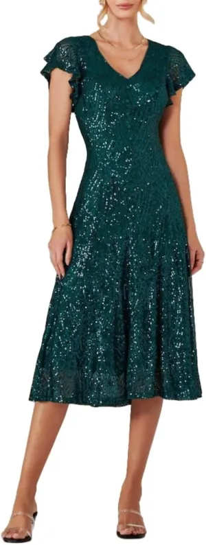 Women's Cap Sleeve Sparkly Sequins V Neck Midi Cocktail Dress Glitter A-Line Evening Party Dress