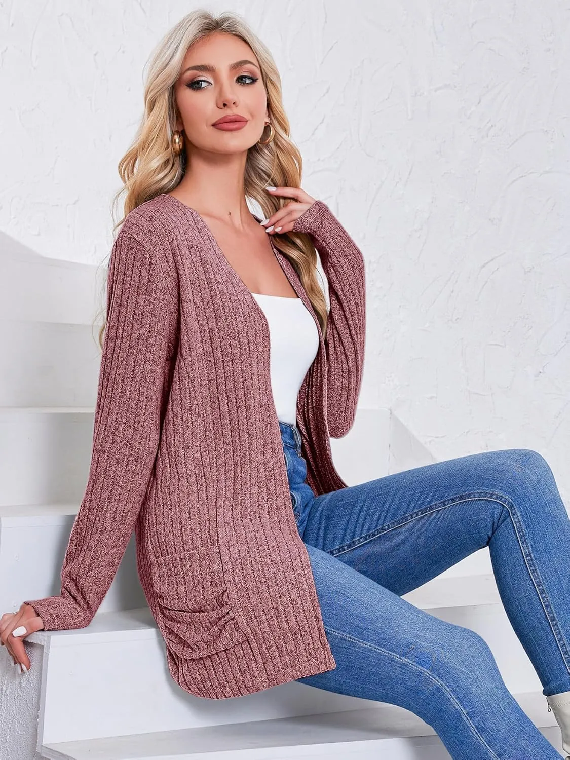 Women's Cardigan Coats Knitted Long Sleeve Sweaters Loose Fit Casual Cardigans with Pockets Fall 2024