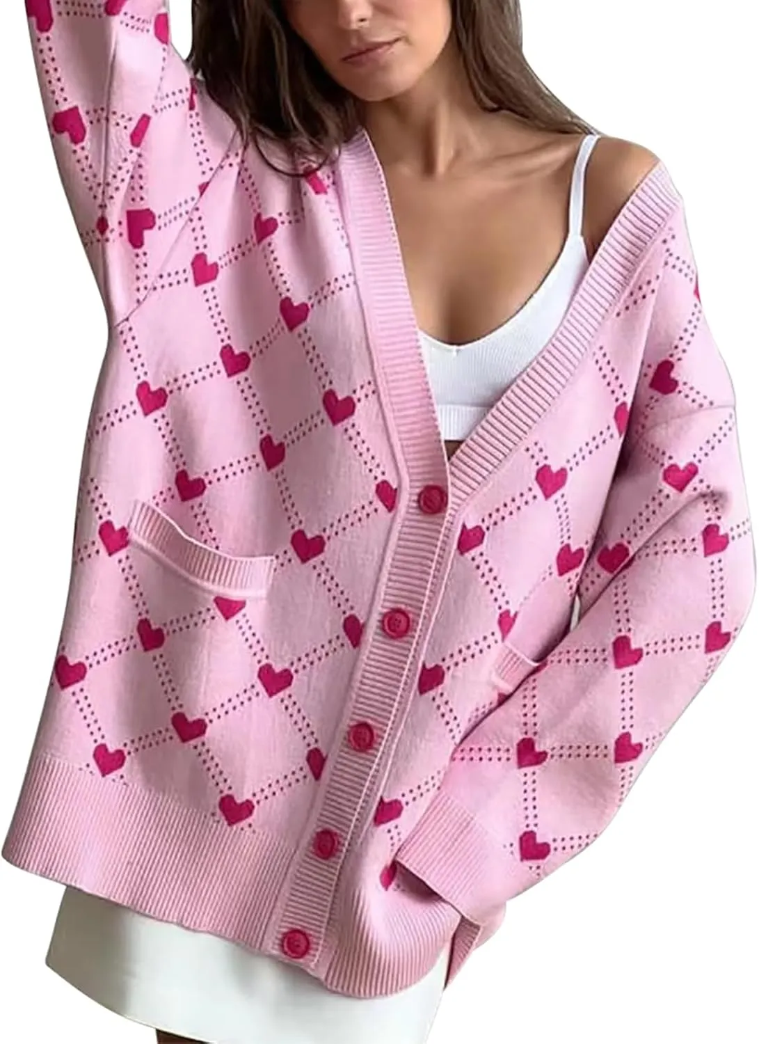 Womens Cardigan Sweaters Love Heart Print Open Front Cardigans Y2K Button Knitted Sweater Outerwear Valentines