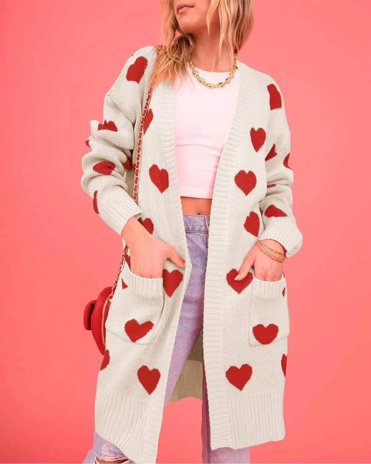 Womens Cardigan Sweaters Love Heart Print Open Front Cardigans Y2K Button Knitted Sweater Outerwear Valentines