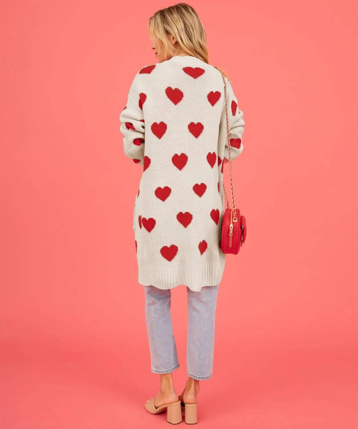 Womens Cardigan Sweaters Love Heart Print Open Front Cardigans Y2K Button Knitted Sweater Outerwear Valentines